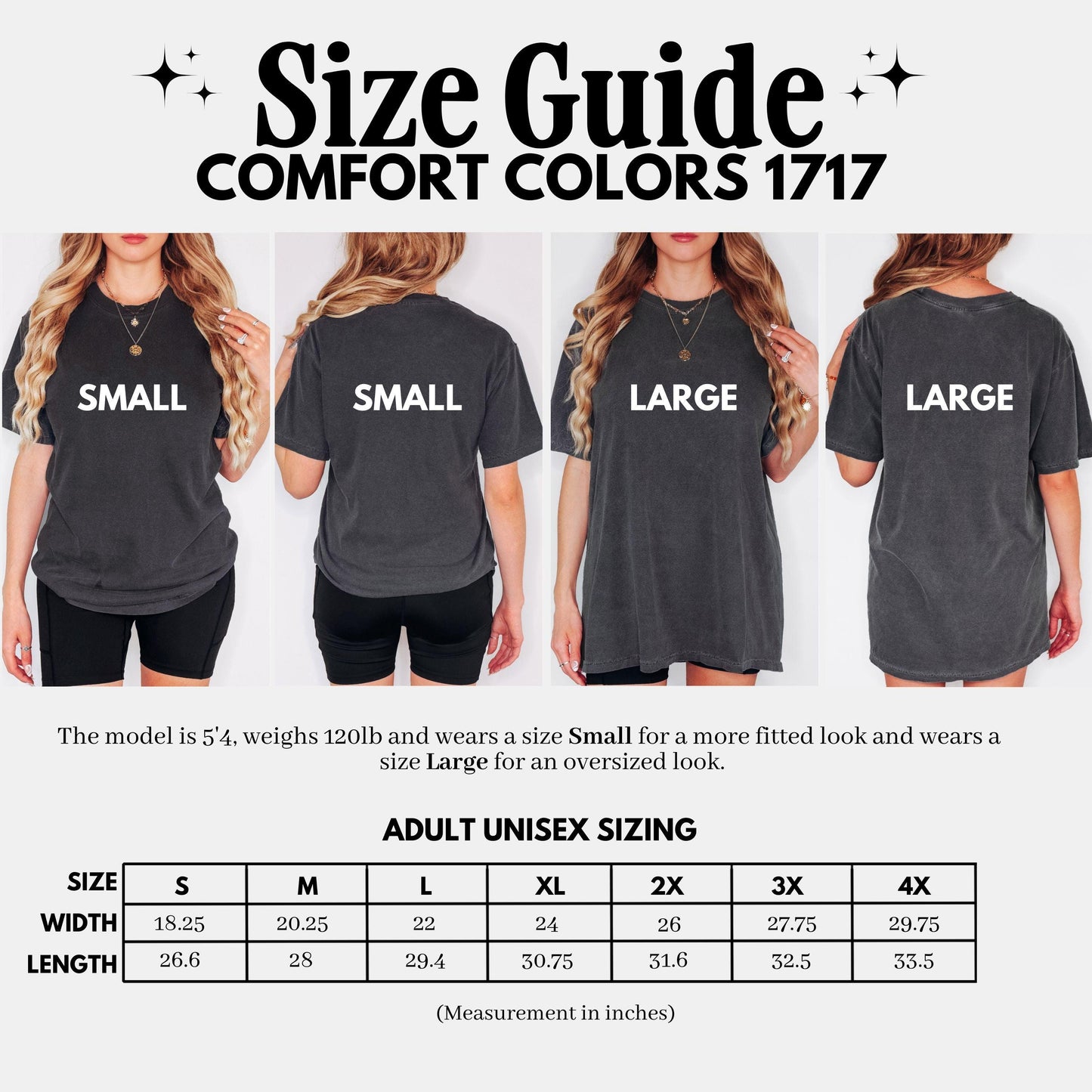 Size guide for Comfort Colors 1717 shirts with models wearing shirts labeled Small and Large.