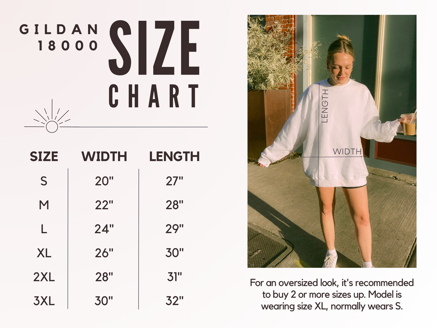 Gildan size chart with measurements and a model wearing an oversized sweatshirt.