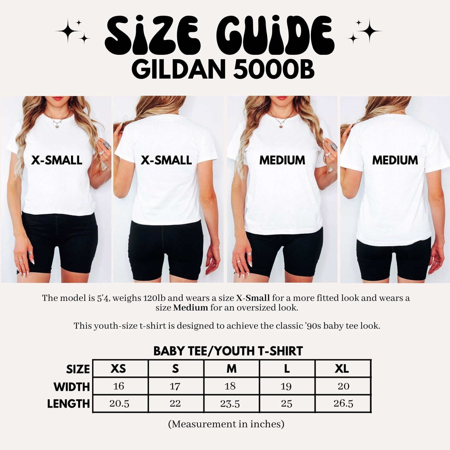 Size guide for Gildan 5000B t-shirts with models wearing shirts labeled X-Small and Medium.