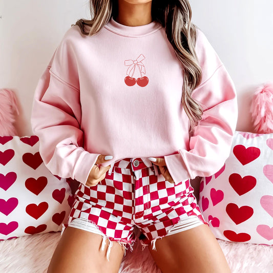 Cherry Bow Sweatshirt, Pinterest Hoodie, Red Cherries and Bow Minimalist Hoodie, Girly Social Club, Cherry Y2K Shirt, Coquette Bow Aesthetic