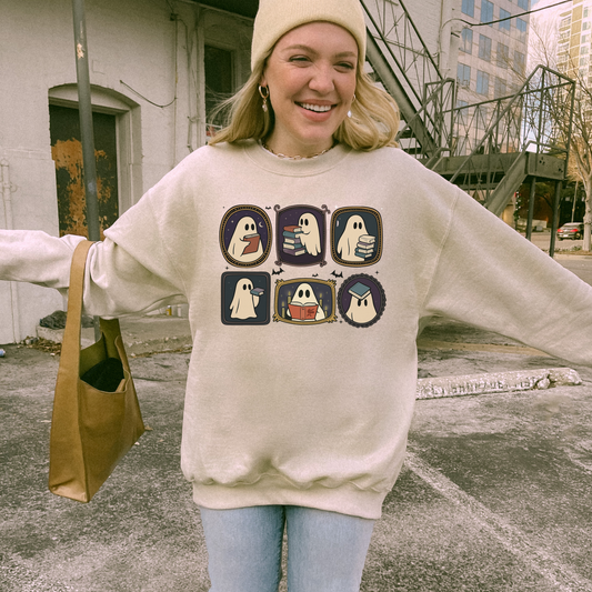 Bookish Ghost Sweatshirt – Spooky Cute Halloween Reading Crewneck