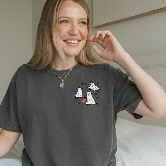 Pumpkin Ghost Cats Tee – Cute Halloween Cat Shirt