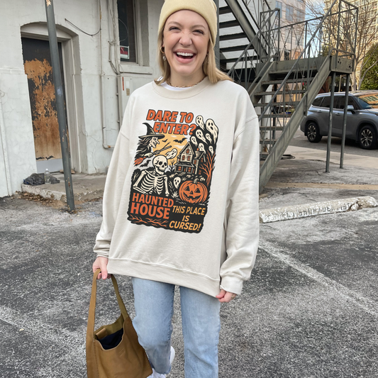 Haunted House Sweatshirt – Dare to Enter Spooky Crewneck