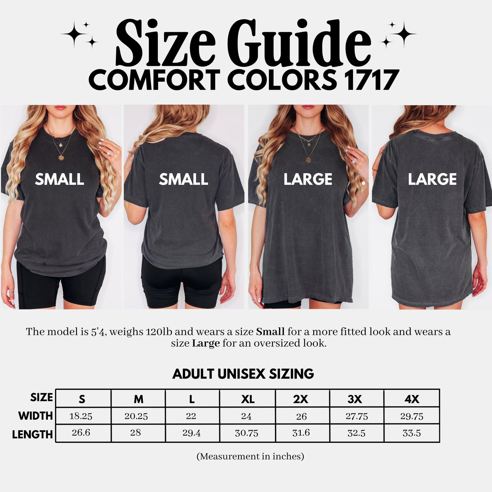Size guide for Comfort Colors 1717 shirts with models wearing shirts labeled Small and Large.