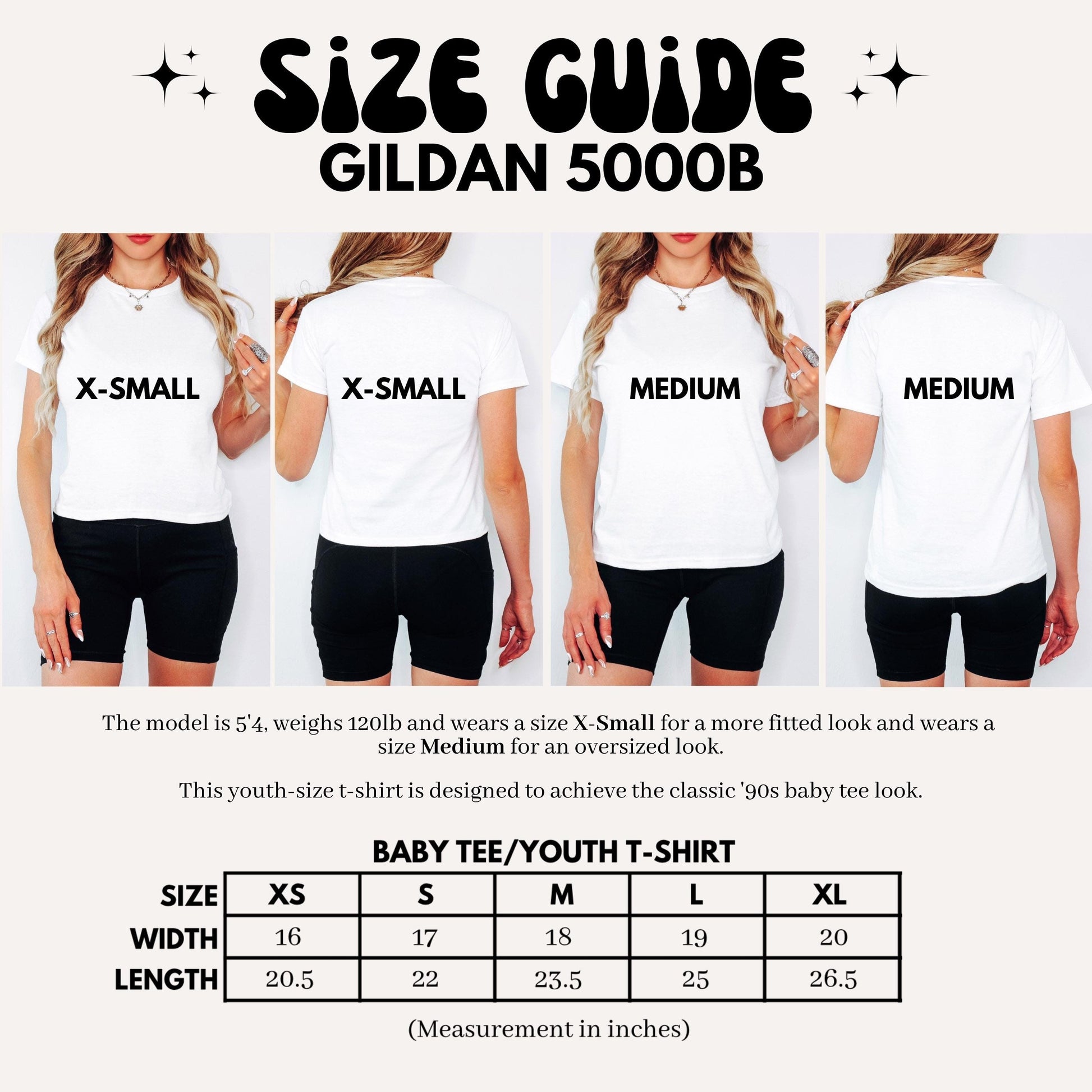 Size guide for Gildan 5000B t-shirts with models wearing shirts labeled X-Small and Medium.