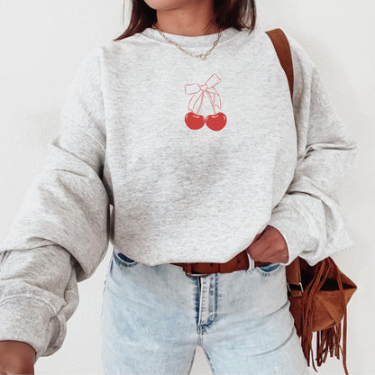 Cherry Bow Sweatshirt, Pinterest Hoodie, Red Cherries and Bow Minimalist Hoodie, Girly Social Club, Cherry Y2K Shirt, Coquette Bow Aesthetic