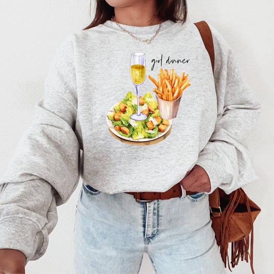 Girl Dinner Sweatshirt, Trendy Girly Hoodie, Y2K Aesthetic, Champagne, Fries, Caesar Salad, Dinner Of Champs, Oversized Crew, Girls Club