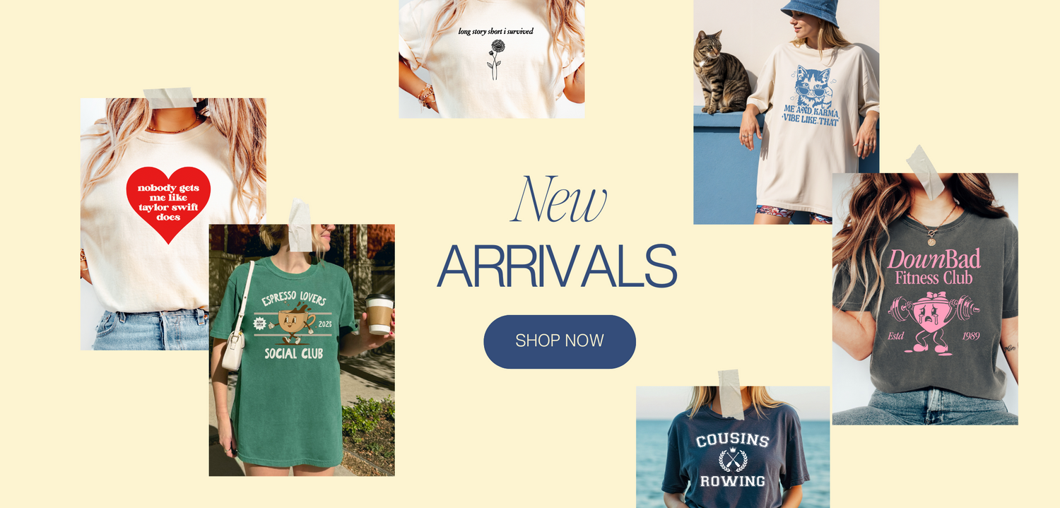 Collage of people wearing various t-shirts with different designs and text on a beige background.